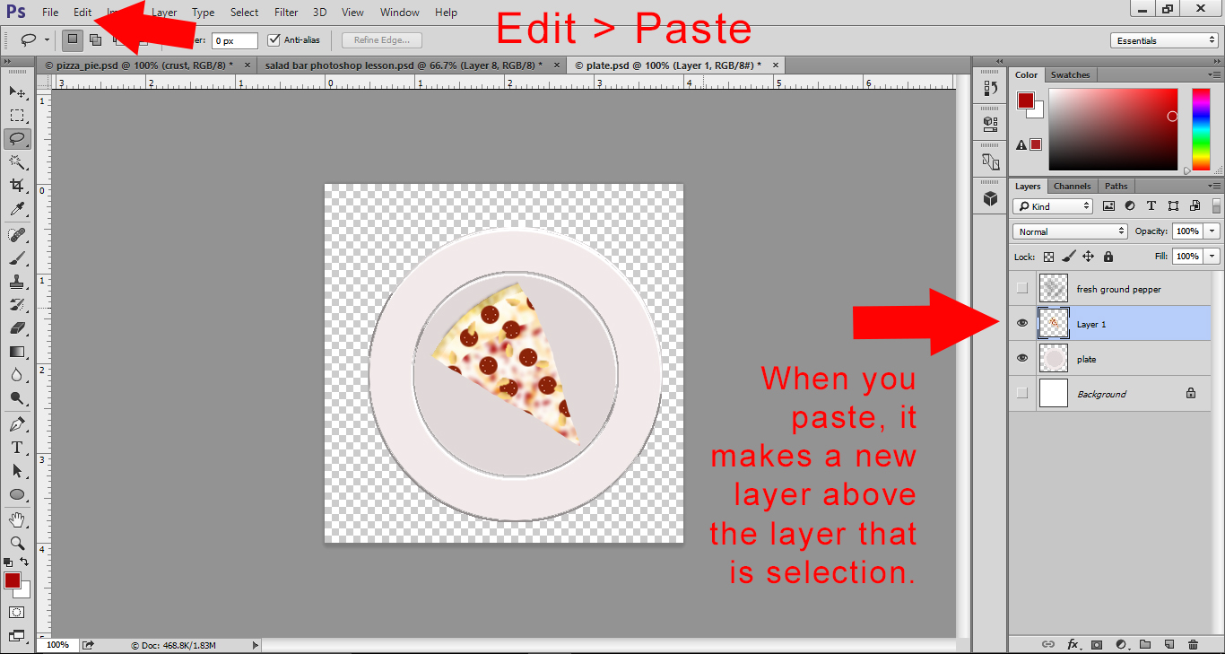 Photoshop Lesson - Open Plate file and paste pizza slice on plate